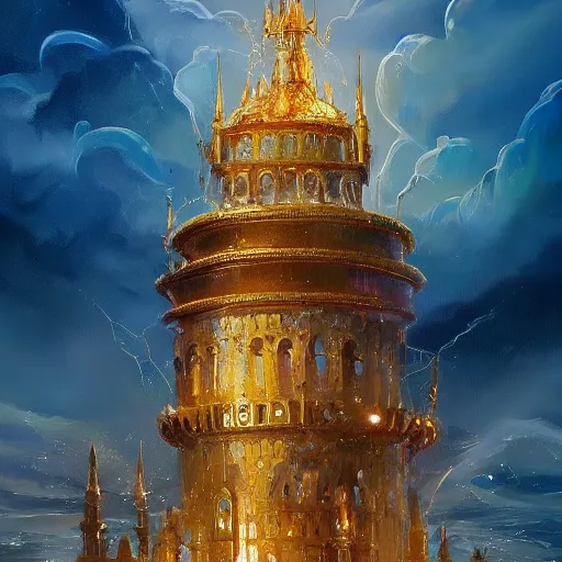 Prompt: a delicate ornate sparkling gold fantasy tower splashes upwards from a stormy ocean shimmering in the sunlight, dramatic lighting, rich colors, beautiful oil painting, artstation