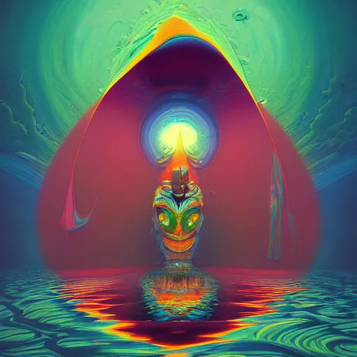 Image similar to colourful breathtakingly weird beautiful powerful magical wonderfully majestic beautifully cool character by michael whelan and moebius and beeple and kilian eng and dan mcpharlin and pascal blanche and jamie hewlett and richard dadd, symmetrical, magical stormy reflections, smoke on water, 8 k artstation