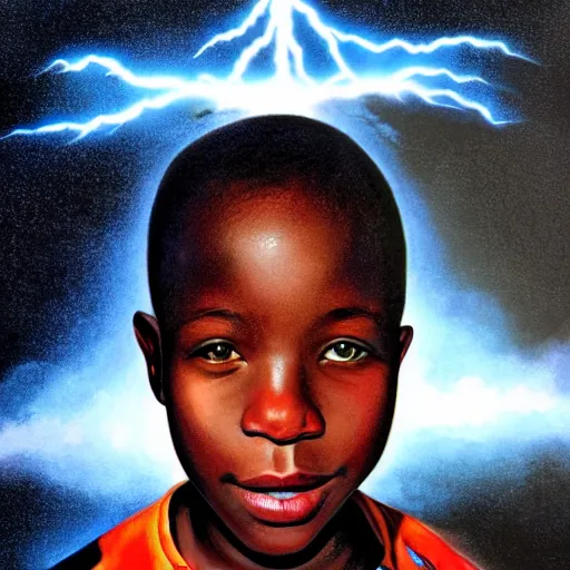 Image similar to upper half portrait of an african boy inside a group of clouds, mecha robots behind - surrounded by bolts of lightning with rays of light emanating from clouds - in drew struzan movie poster style, art by drew struzan, highly detailed, digital painting, ray tracing, illustration, smooth, sharp focus, intricate, symmetry, artstation,