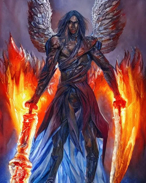 Image similar to a oil / watercolor painting full body character portrait of a fallen angel wielding a jagged firey sword made of ice in the style of moebius in the style of leonard boyarsky trending on artstation deviantart pinterest detailed photorealistic highlights and shadow hd 8 k post - processing high resolution