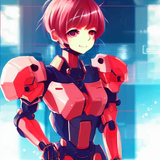 Prompt: digital anime art. full body. cute girl red mech arms and mech legs. blue eyes. gold short hair. wlop, rossdraws, sakimimichan