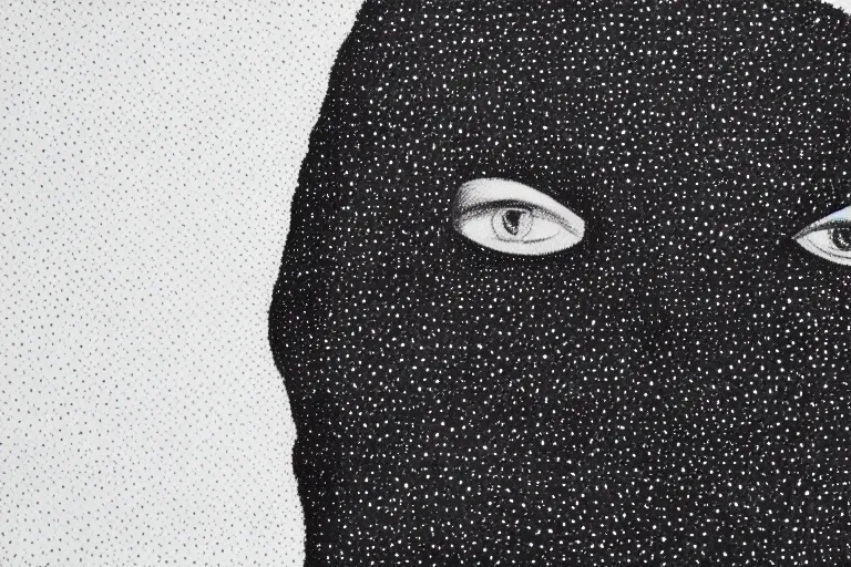 Image similar to face made out of mist, faceless people dark, dots, drip, stipple, pointillism, technical, abstract, minimal, style of francis bacon, asymmetry, pulled apart, cloak, hooded figure, made of dots, abstract, balaclava