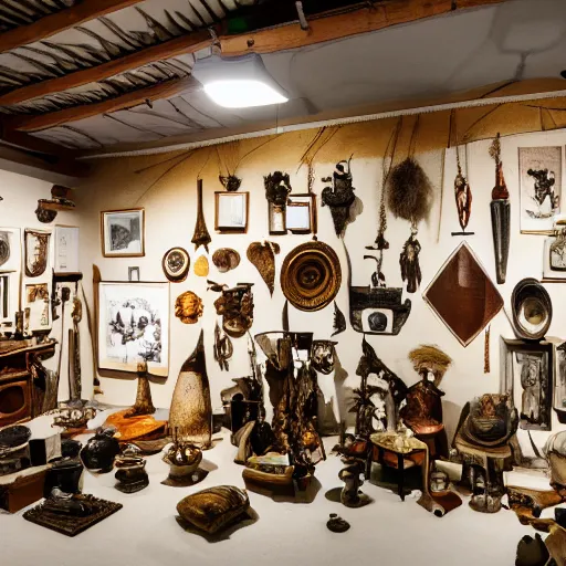 Prompt: a wide angle view of an ethnographic collection of objects on display, poetical, dream, unconscious, alternative world, fujifilm x - h 2 s, photography