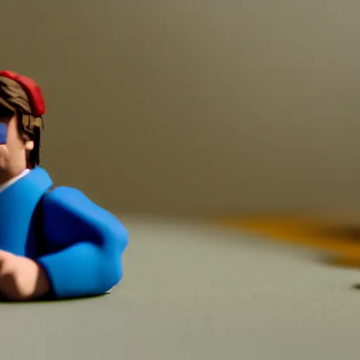 Image similar to a cinematic film still of a claymation stop motion film starring nathan fillion, shallow depth of field, 8 0 mm, f 1. 8