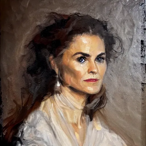 Prompt: of keri russell painted in the style of rembrandt with thick impasto oil paint