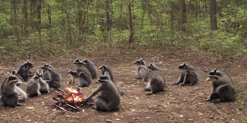 Prompt: a group of racoons sitting around a campfire in the middle of the forest, surrounded by fireflies. photograph