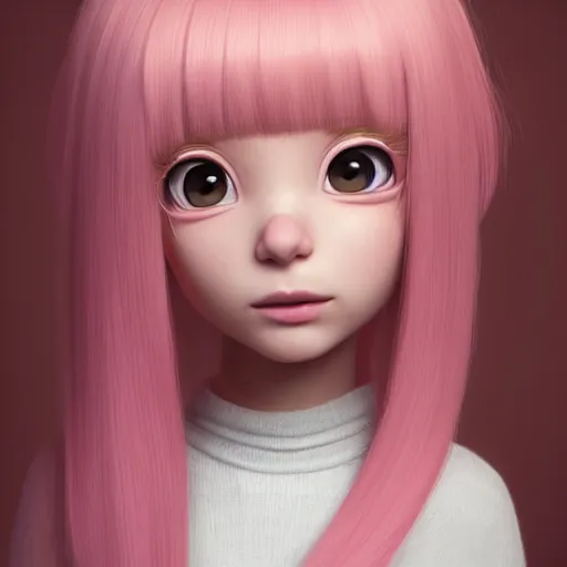 Image similar to A portrait of Nikki from Shining Nikki and Love, a cute 3d cgi toon young woman with long light pink hair, full bangs, hazel eyes, full face, light makeup, pale skin, Chinese heritage, cute outfit, medium shot, mid-shot, hyperdetailed, 8k, trending on artstation, as a Pixar character