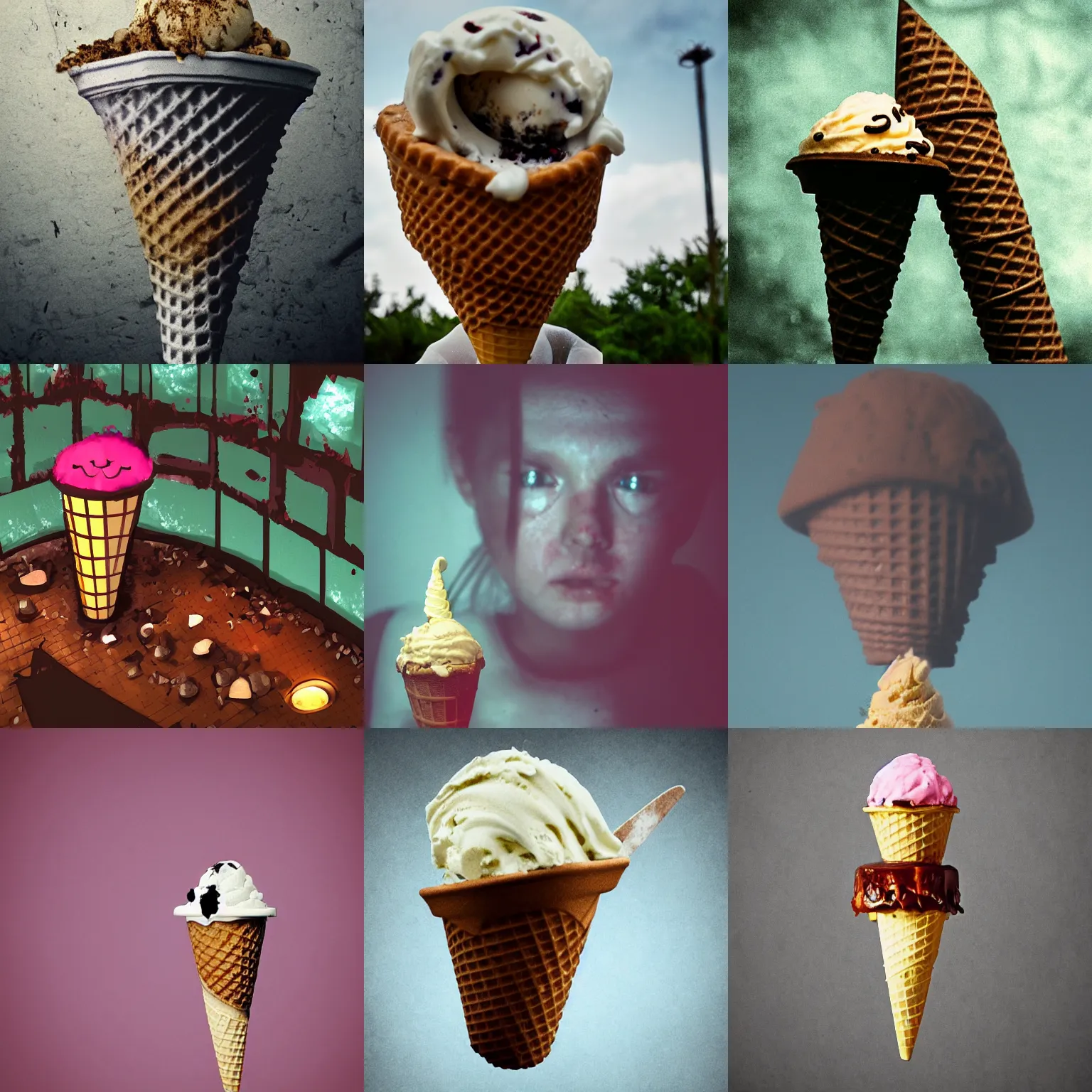 Prompt: demonic found footage ice cream cone, artstation, photo