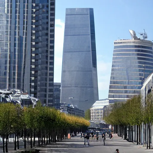 Prompt: Courbevoie street with la Defense Skyscrapers in the background