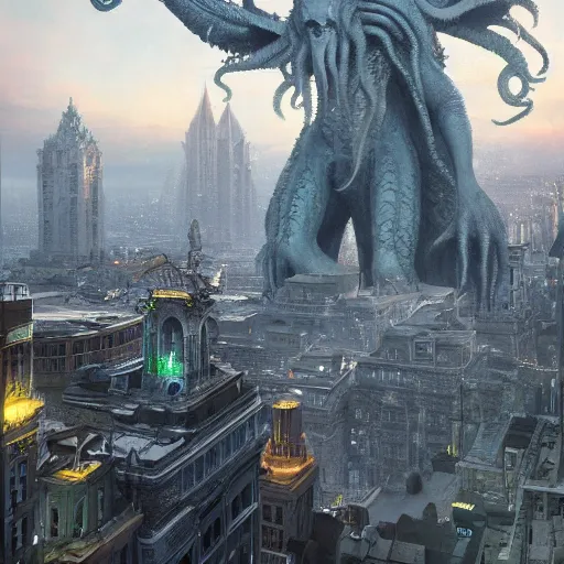 Image similar to cthulhu towering over a city, volumetric lighting, 8 k octane beautifully detailed render, post - processing, extremely hyper - detailed, intricate, epic composition, cinematic lighting, masterpiece, trending on artstation, detailed detailed detailed, masterpiece, stunning art by anders zorn, wonderful masterpiece by greg rutkowski, beautiful cinematic light,