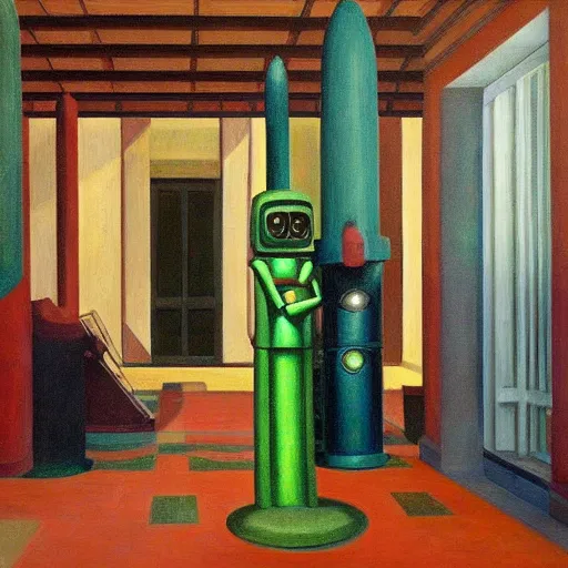 Prompt: robot druids in a grandiose atrium, grant wood, pj crook, edward hopper, oil on canvas