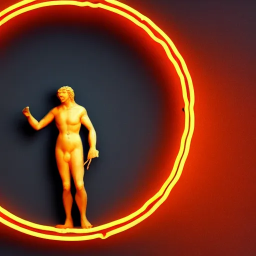 Prompt: a renaissance statue surrounded by a 3 d neon ring, 3 d render, black background, ray tracing, 8 k resolution, sharp focus, hyper detailed, hyper realistic