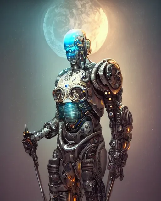 Image similar to cyborg necromancer, scifi, futuristic, helpful, kind, benevolent, intelligent, white, blue, gold, holding a staff, hospital room, highly detailed, trending on artstation, soft light, machine, advanced technology, art by vitaly bulgarov and nivanh chanthara