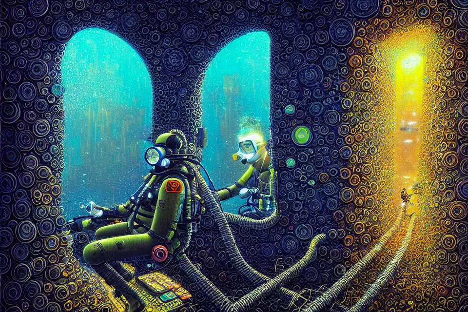 Image similar to detailed portrait of a cyberpunk scuba diver inside a dmt portal by james r eads and tomasz alen kopera gediminas pranckevicius