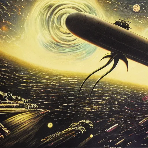 Prompt: atompunk rocket ship sailing across the infinite cosmos, grand scale, galaxy beyond, blackhole sun, explosive energy, painting by h. r. giger, sharp focus, 4 k, unimaginable composition, space horror