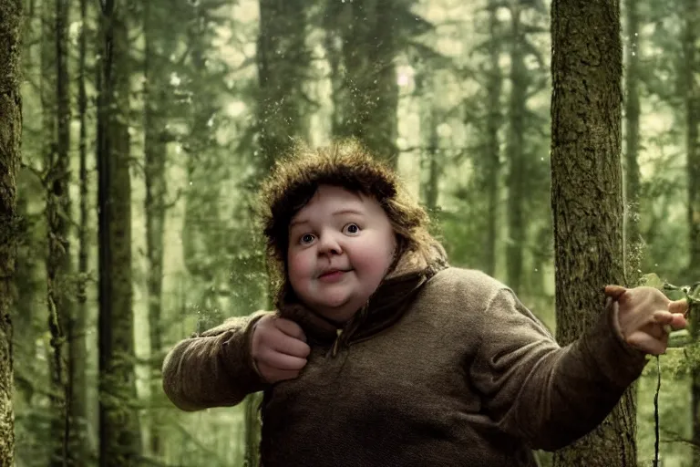 Image similar to movie scene portrait closeup, real life team of chubby elves building a tiny house in the forest natural lighting by emmanuel lubezki