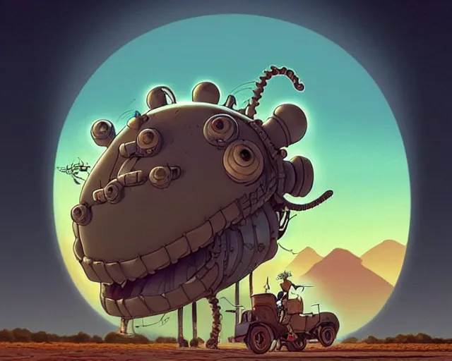 Prompt: a cell shaded cartoon giant grey lovecraftian mechanized grandma from howl's moving castle ( 2 0 0 4 ), with a big head, on a desert road, wide shot, sunset, golden hour, muted colors, post grunge, josan gonzales, wlop, by james jean, victor ngai, hq, deviantart, art by artgem