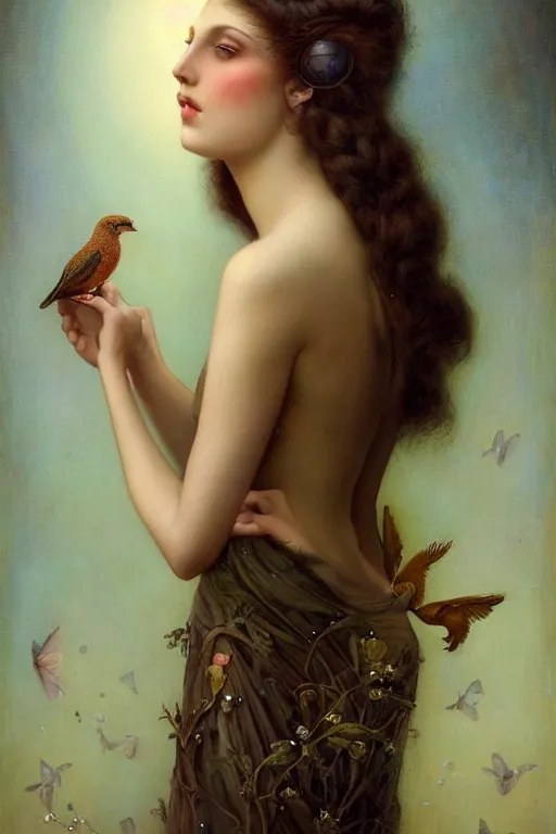 Prompt: An extremely beautiful young woman explaining the birds and the bees by Tom Bagshaw in the style of a modern Gaston Bussière, art nouveau, art deco, surrealism. Extremely lush detail. Melancholic night scene. Perfect composition and lighting. Profoundly surreal. High-contrast lush surrealistic photorealism. Sultry and mischievous expression on her face.