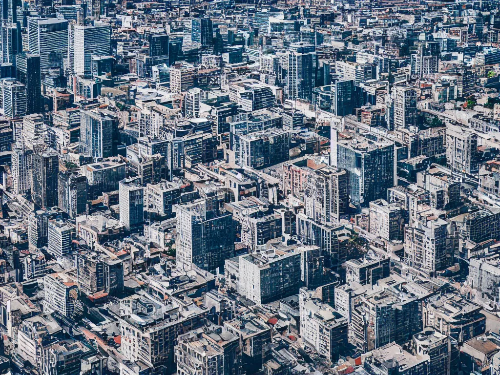 Image similar to drone view of a city, Brutalist architecture, sharp focus, telephoto lens, digital art 4k