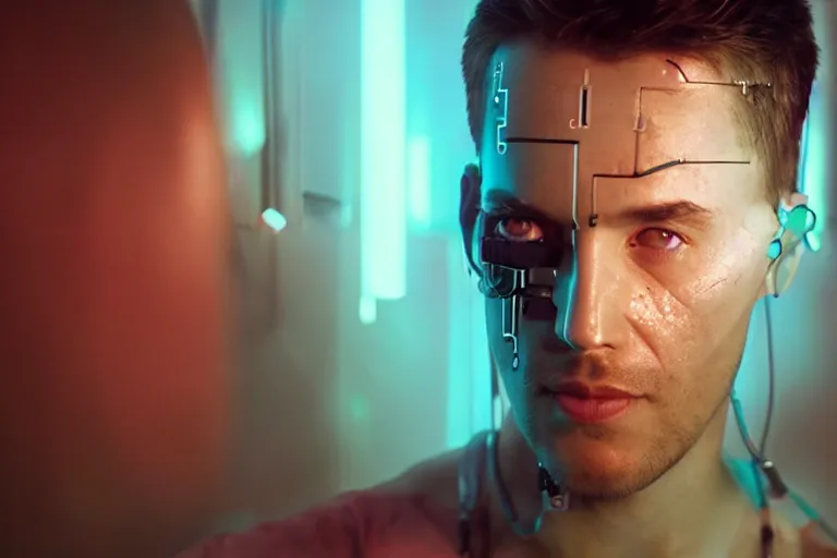 Image similar to VFX movie of a cyborg hacker closeup portrait in high tech compound, beautiful natural skin neon lighting by Emmanuel Lubezki