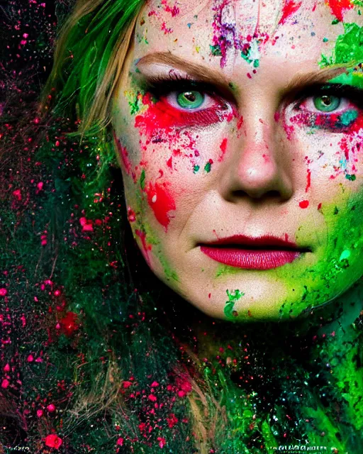 Image similar to photorealistic portrait headshot photos of kirsten dunst with bright green paint splattered across her face. photoshoot in the style of annie leibovitz, photorealistic, bokeh