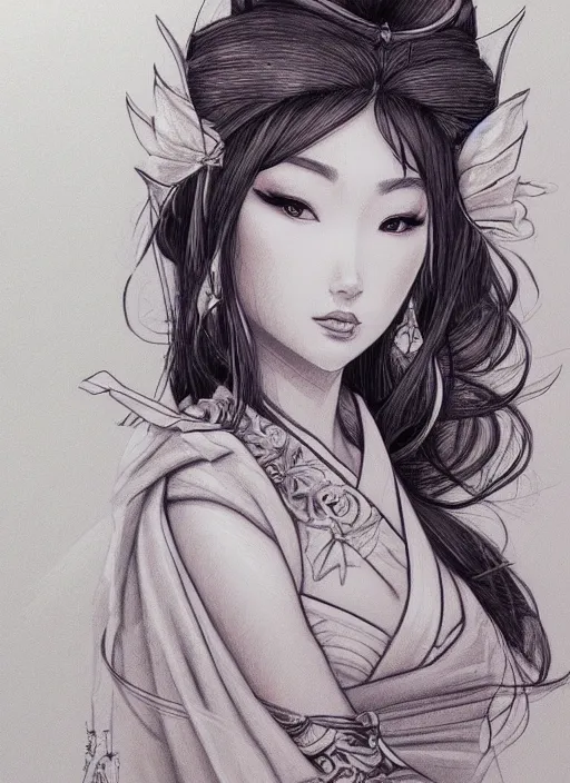 Image similar to a detailed hand drawn sketch of a stunning geisha princess, muted colors, artgerm, NeoArtCorE, artstation