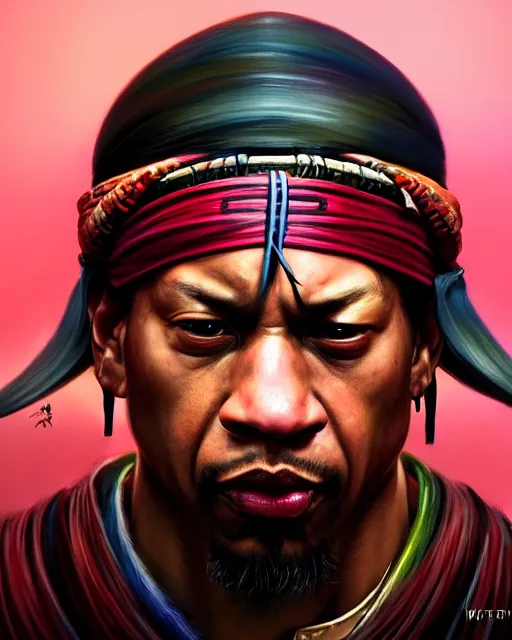 Image similar to face portrait of allen iverson as a muscular ronin samurai, wearing a haori, by wlop and peter mohrbacher, dramatic action pose, extremely detailed shading, concept art, digital painting, trending on artstation, unreal engine 5, octane render, atmosphere, glow, cinematic lighting, full of color