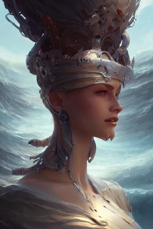 Image similar to sea queen, mysterious, highly detailed, digital painting, artstation, concept art, smooth, sharp focus, illustration, unreal engine 5, 8 k, art by artgerm and greg rutkowski and edgar maxence