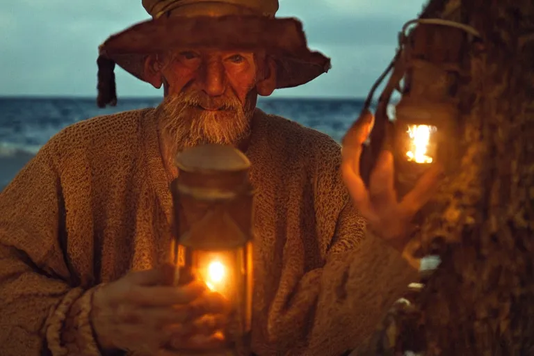 Image similar to closeup old man holding up a lantern on the beach in a pirate ship bay meet to a old wood shack by emmanuel lubezki