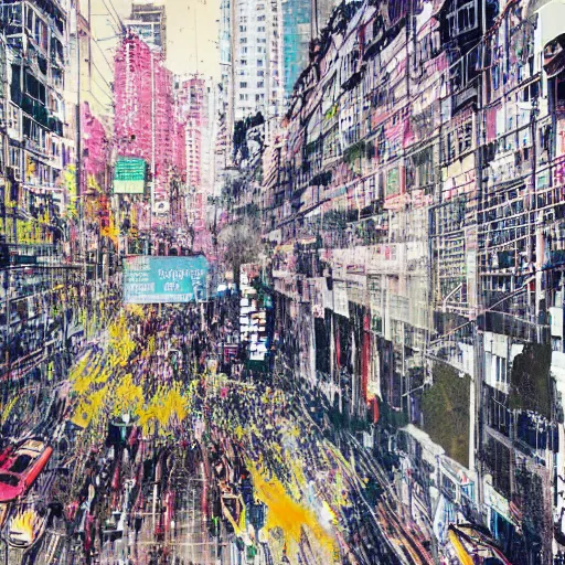 Prompt: a messy portrait of a busy hong kong street corner filled with pedestrians, in the style of carne griffiths