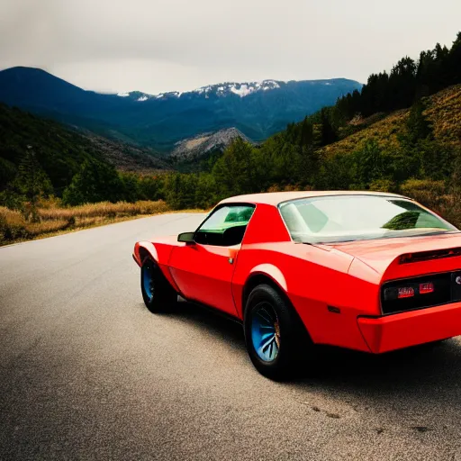 Prompt: black pontiac firebird trans - am driving towards the camera, mountain, valley, breathtaking mountains, lake, dynamic, sunrise, cinematic, motionblur, sunbeams, volumetric lighting, wide shot, low angle, mind flayer, lightning, mind flayer, lightning creature