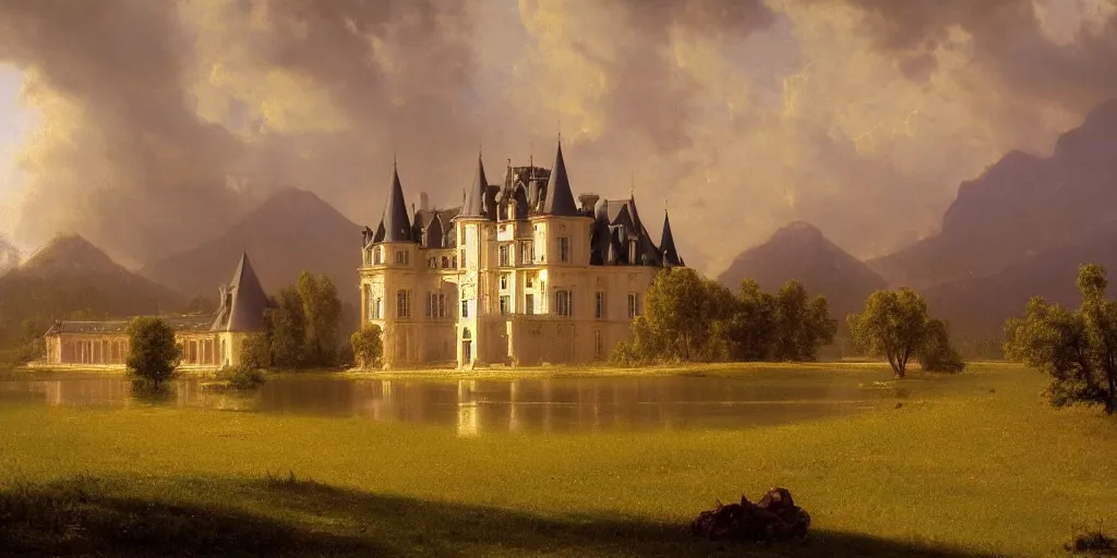 Prompt: beautiful illustration of chateau in a serene landscape, by albert bierstadt, magic realism, narrative realism, beautiful matte painting, heavenly lighting, retrowave, 4 k hd wallpaper, rim light