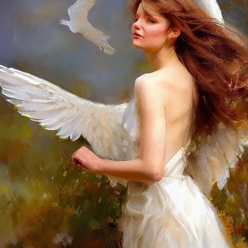 Image similar to a beautiful portrait of an angel with pretty face and her huge white wings spread out painted by gerhartz, highly detailed, beautiful, back lit, graceful and elegant, ethereal.