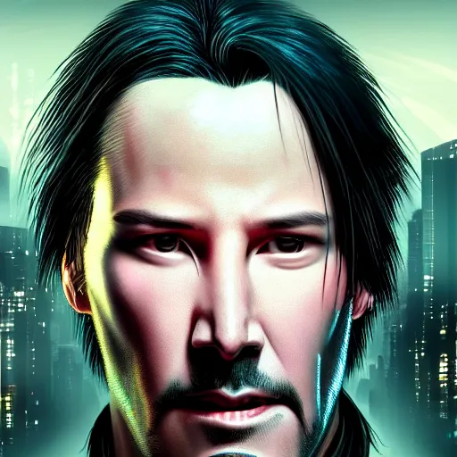 Image similar to cyberpunk, closeup portrait of a keanu reeves, dramatic light, city background, sunset, dystopian setting, high contrast, sharp, neuromancer, henry dorsett case, painted by stanley lau, painted by greg rutkowski, painted by stanley artgerm, digital art, trending on artstation