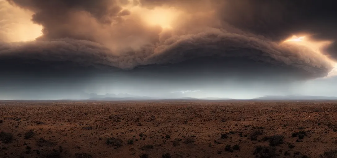 Image similar to a beautiful picture of a dark thundercloud looming on the horizon in a desert, intricate detail, impending doom, sunset, serene, volumetric lighting, volumetric clouds, 8 k, hyperrealistic, digital art trending on artstation