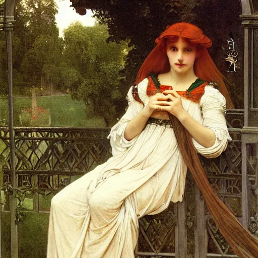 Image similar to A girl with on the front of a Balustrade porch with a hedge maze on the background, major arcana occult clothes, by paul delaroche, alphonse mucha and arnold böcklin arnold böcklin hyperrealistic 8k, very detailed