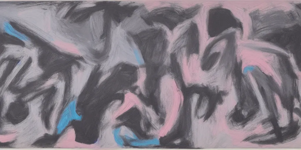 Image similar to large black and white painting by de kooning on white background canvas, soft blue and pink tints, thin black lines, detailed by martha jungwirth drawing sketch pencil on paper, painted over by yves tanguy, oil on canvas, thick impasto, broad campitures