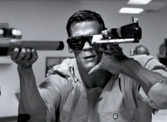 Prompt: film still of John Cena as Nada in Bank scene wearing sunglasses with shotgun in They Live 1988