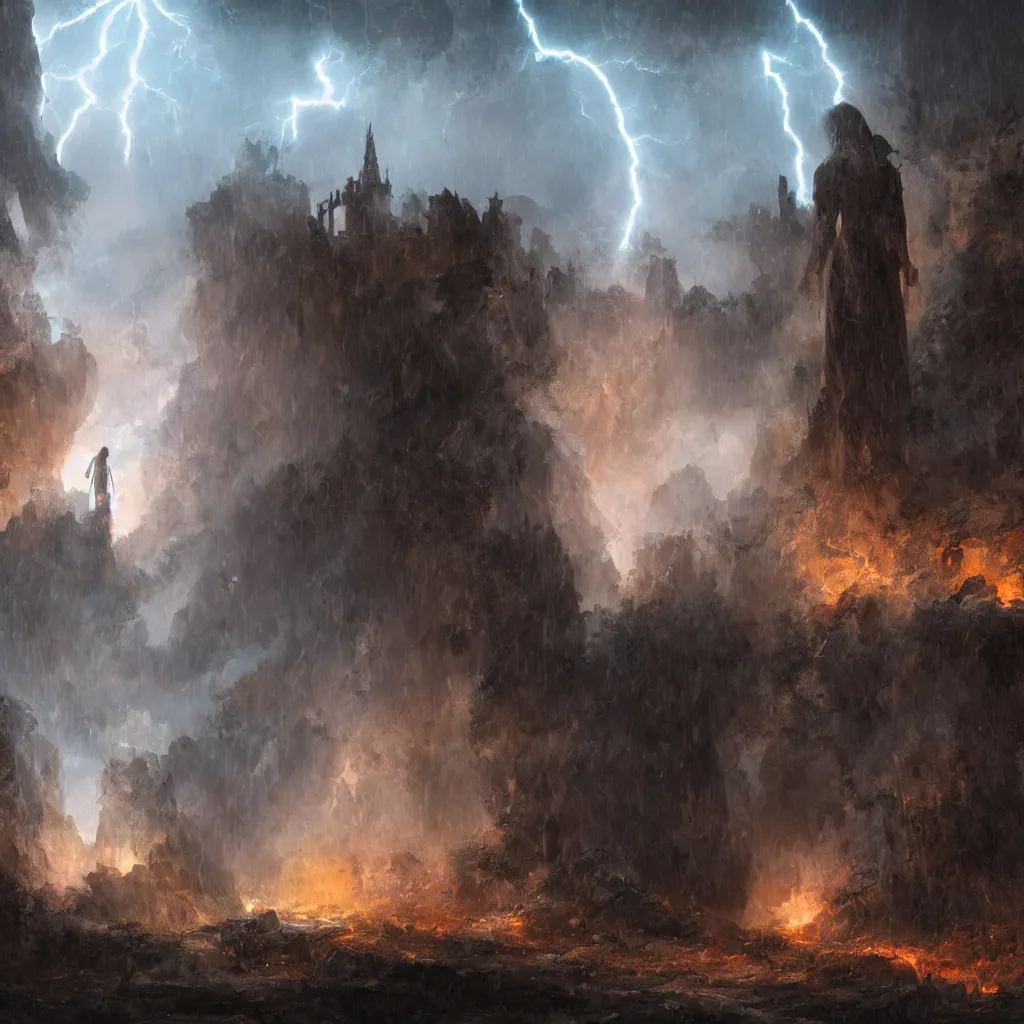 Image similar to a still of a cloaked figure standing in the ruins of crux prime, monastery, there is lightning, blue fiery maelstrom in the distance, it is raining, digital art, artstationhq