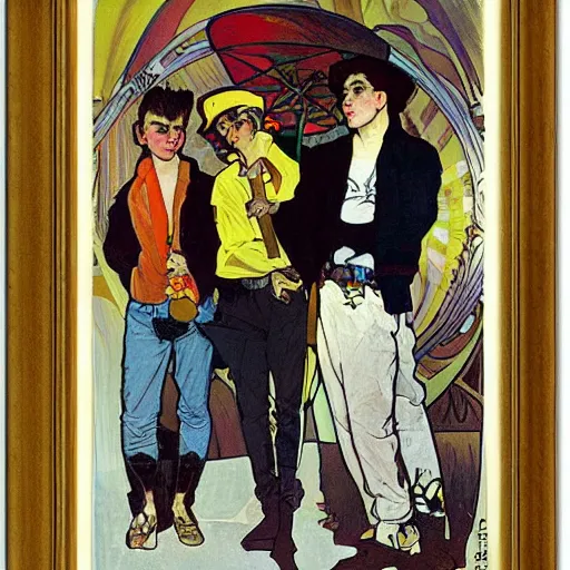 Image similar to a painting of three male teenagers with rockabilly attire holding yellow popsicle and looking at women in the streets by alphonse mucha