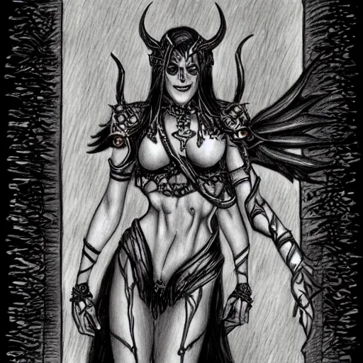 Image similar to dark elf sorceress who is summoning a demon in the style of warhammer fantasy : : head and shoulders drawing