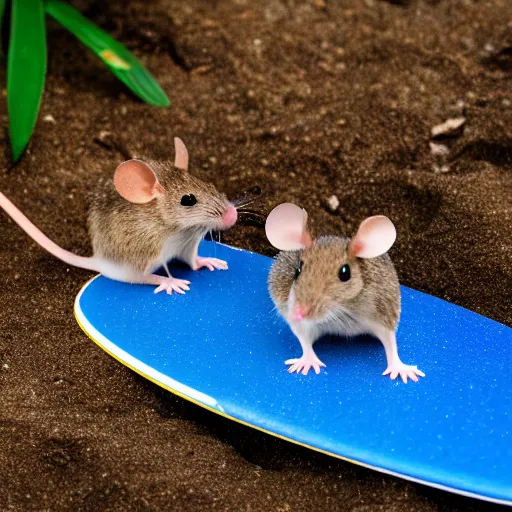 Prompt: a macro 35mm photograph of two mice in Hawaii, they're each wearing tiny swimsuits and are carrying tiny surf boards, digital art