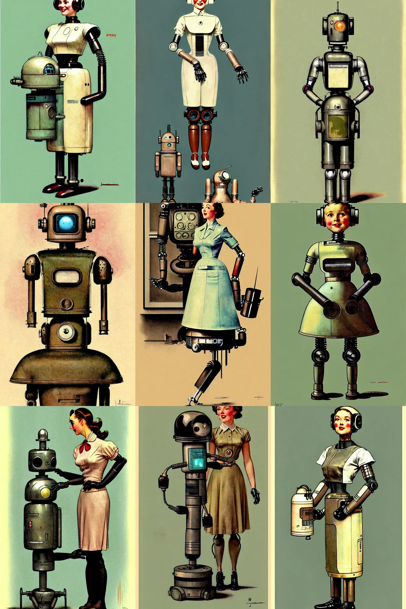 Prompt: 1 9 5 0 fullbody portrait retro future robot android maid. muted colors. by jean - baptiste monge and norman rockwell