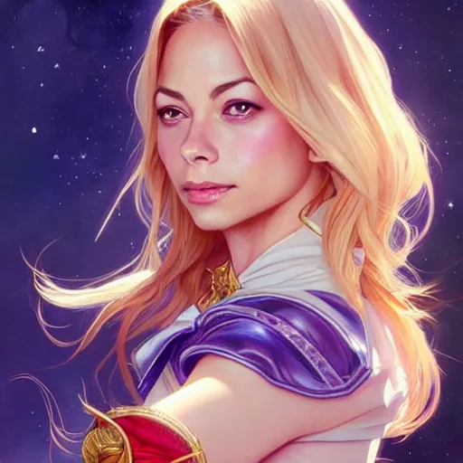 Image similar to Kristin Kreuk with blonde hair as Sailor Moon, western, D&D, fantasy, intricate, elegant, highly detailed, digital painting, artstation, concept art, matte, sharp focus, illustration, art by Artgerm and Greg Rutkowski and Alphonse Mucha