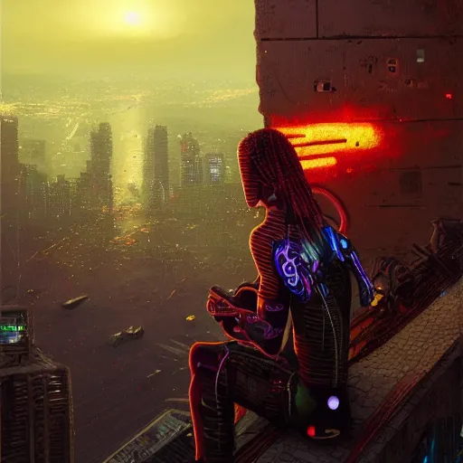 Prompt: a cyberpunk zulu warrior sitting on a cliff watching an enormous metropolitan city burn from a distance at night, by alena aenami and android jones and greg rutkowski, Trending on artstation, hyperrealism, elegant, stylized, highly detailed digital art, 8k resolution, hd, global illumination, radiant light, detailed and intricate cyberpunk ghetto environment, rendered in octane, post processed, wide angle, dynamic portrait