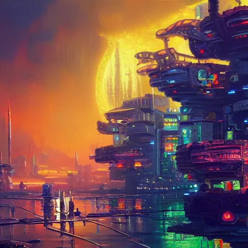 Image similar to a Stunning oil painting of A Great cyberpunk city on the sea by Paul Lehr,concept art,Retro colour,hyper detailed,8K Resolution