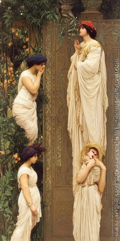 Image similar to at the gate of the temple by john william godward painted by alphonse mucha