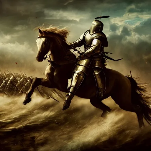 Prompt: an epic painting of a knight on a horse fighting in a battlefield, cinematic shot, incredibly high detailed, 4k image quality, dark atmosphere