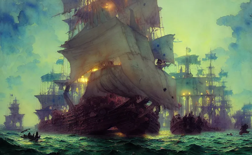 Image similar to pirate galleon fleet. intricate, amazing composition, colorful watercolor, by ruan jia, by maxfield parrish, by marc simonetti, by hikari shimoda, by robert hubert, by zhang kechun, illustration, gloomy, volumetric lighting, fantasy