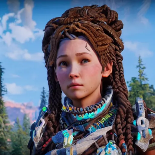 Prompt: alloy with ukrainian crown braids in horizon : zero dawn